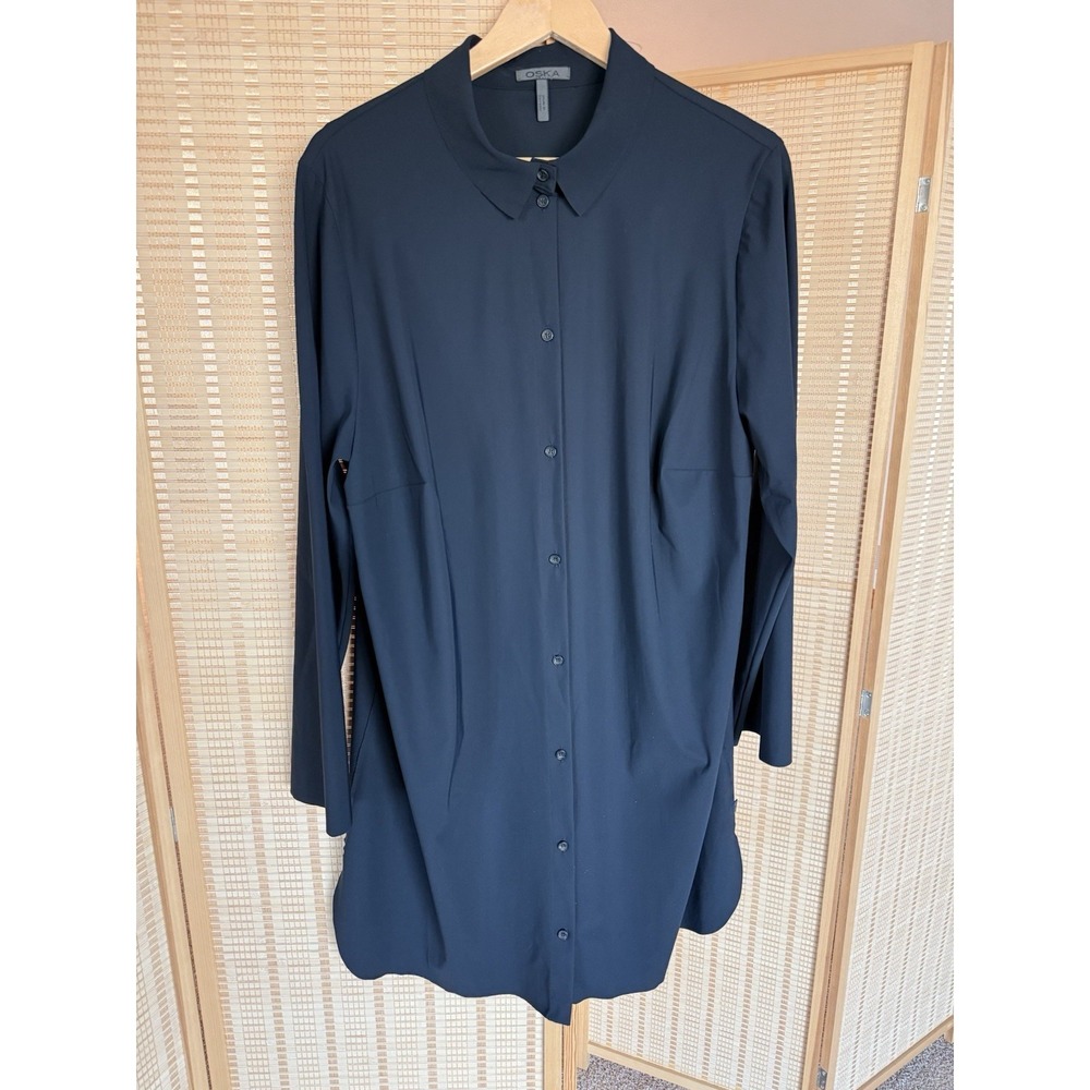OSKA Shirt Dress Sz 4 Navy Blue Stretch US 12/14 UK 16/18 Lagenlook Minimalist